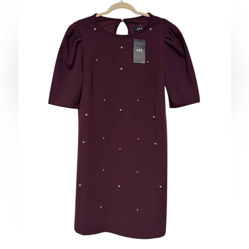 ABS NWT Maroon Burgundy Pearl‎ Studded Puff Sleeve Sheath Pencil Dress Sz Medium